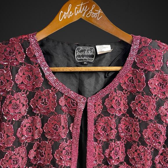 Jean for Joseph LeBon Rosette Beaded Jacket Floral Sequin Black Maroon Vintage M - Picture 2 of 9